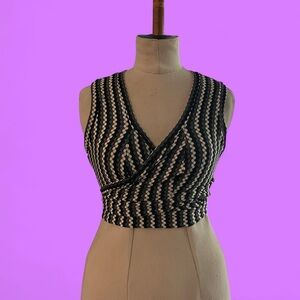 Black Grey Cream textured geometric striped Women's Crop Top